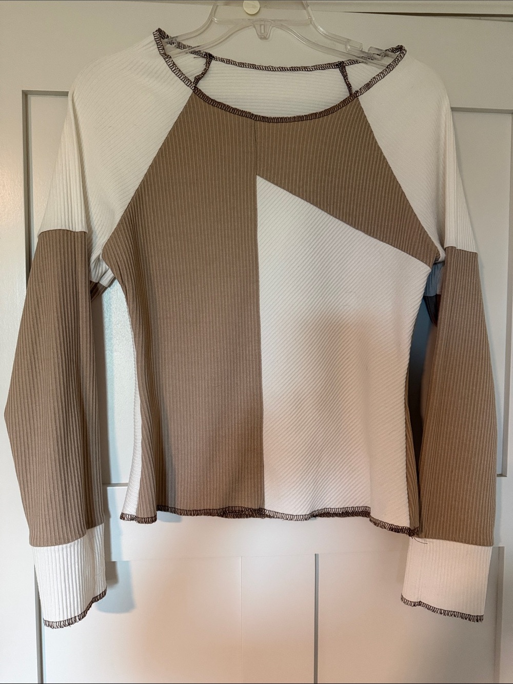 Colorblock Ribbed Long Sleeve Top - Brown & Cream